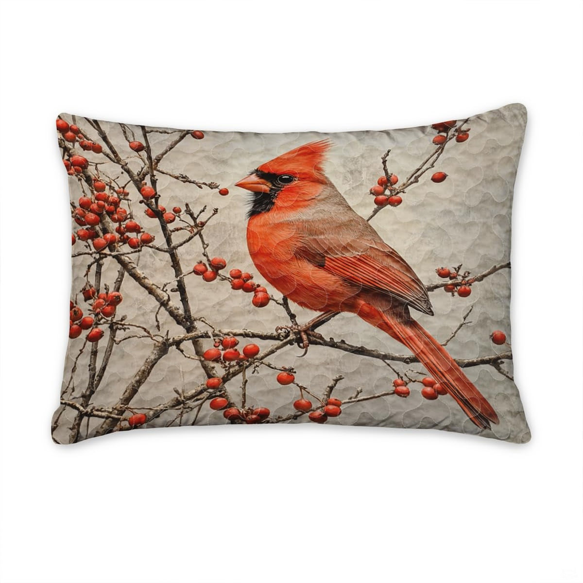 Coordinating decorative pillow sham showcasing a vibrant male cardinal perched on woodland branches.