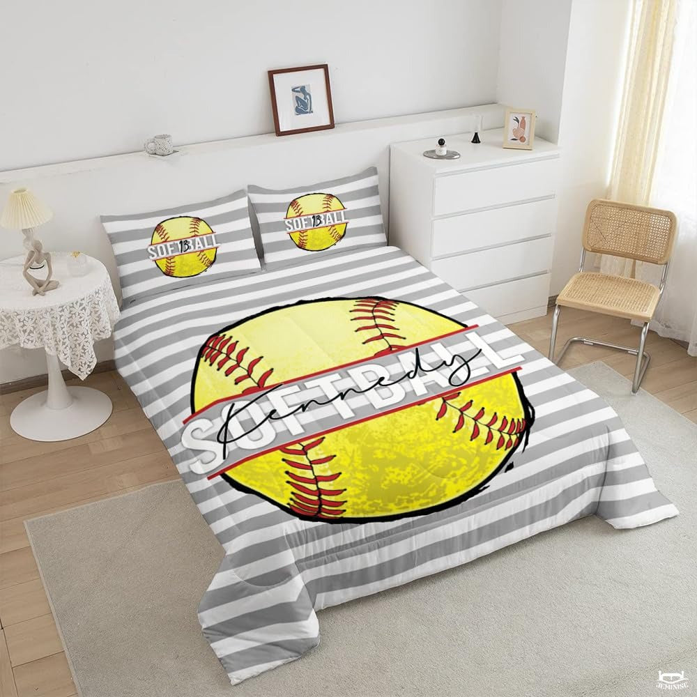 Softball Ball Sports Comforter Set – Bright Teal Yellow Bedding for Women & Girls, Decorative Soft Cozy Bedroom Set Available in Twin, Queen, King Sizes