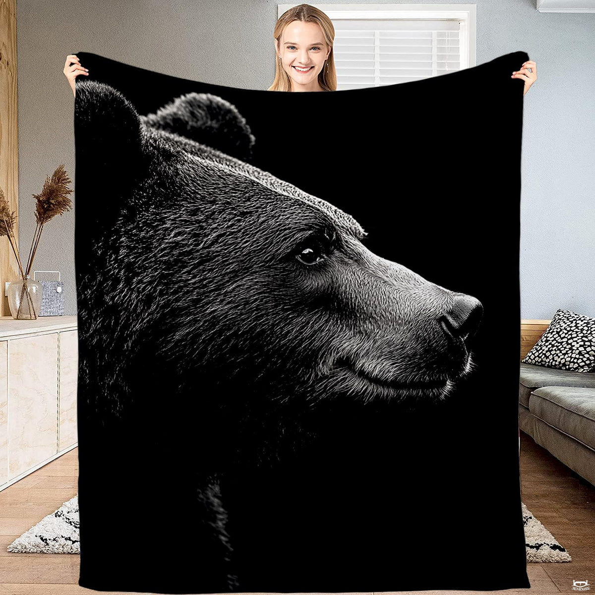 Black and white bear profile throw blanket featuring dramatic bear portrait emerging from shadows
