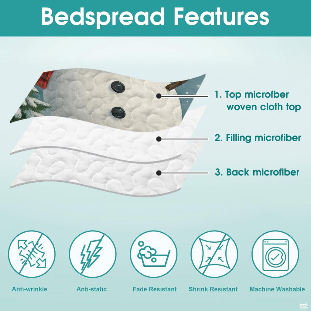 Full bedroom display of spruce teal snowman bedding set in a rustic winter cabin setting