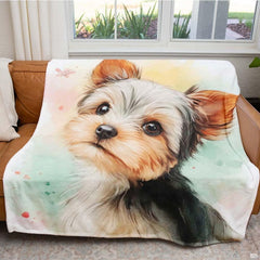 Detailed view of Yorkshire puppy portrait with delicate pastel blossom petal artwork.