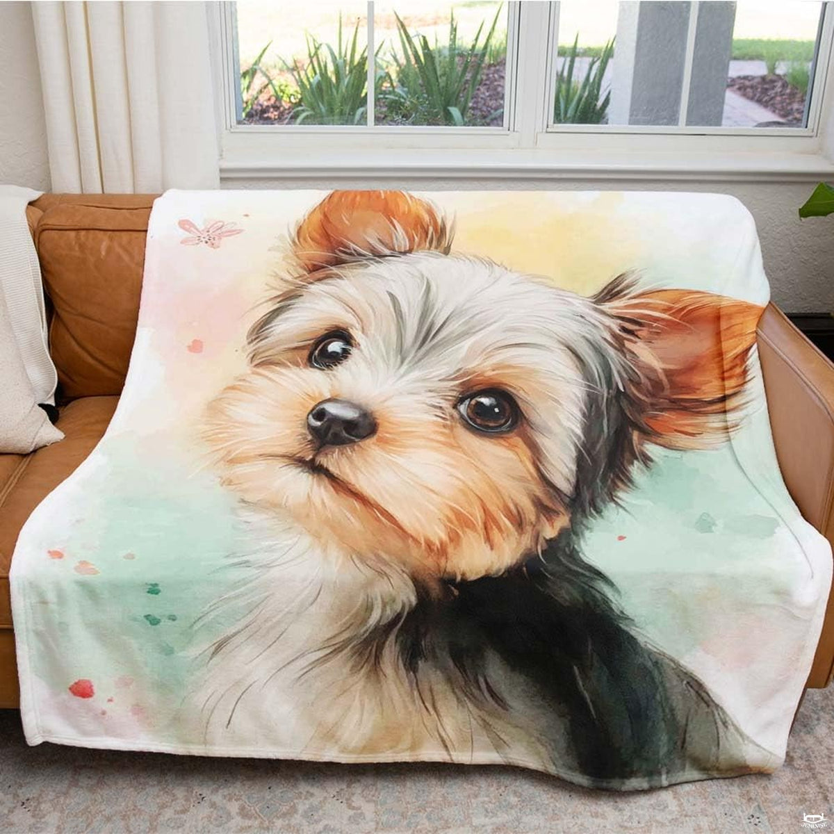 Detailed view of Yorkshire puppy portrait with delicate pastel blossom petal artwork.