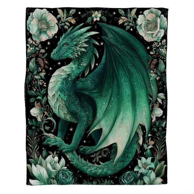 Green dragon floral fantasy throw blanket draped across living room sofa