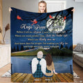 Memorial landscape with angel and loved one on dock under full moon with red cardinals, view 1.