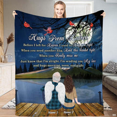 Memorial landscape with angel and loved one on dock under full moon with red cardinals, view 1.