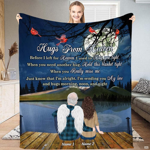 Memorial landscape with angel and loved one on dock under full moon with red cardinals, view 1.
