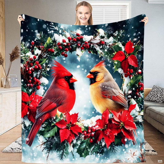 Festive christmas winter bedding set featuring red and gold cardinals perched on snowy pine branches.