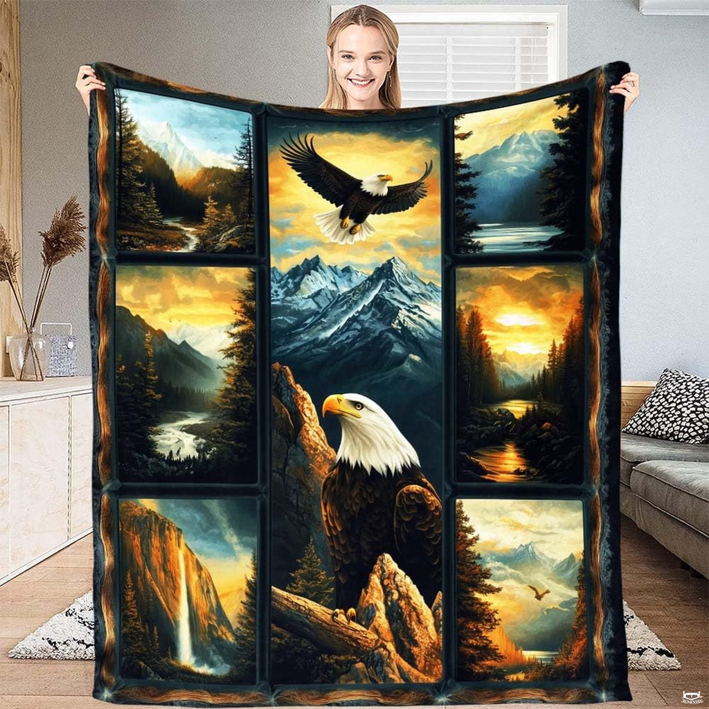 Bald eagle soaring over mountains and perched by river in multi-panel wilderness throw blanket