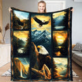 Bald eagle soaring over mountains and perched by river in multi-panel wilderness throw blanket
