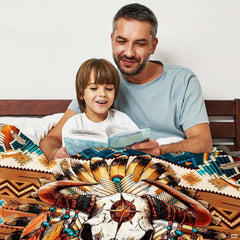 Southwestern tribal throw blanket styled across a couch in a modern rustic room.