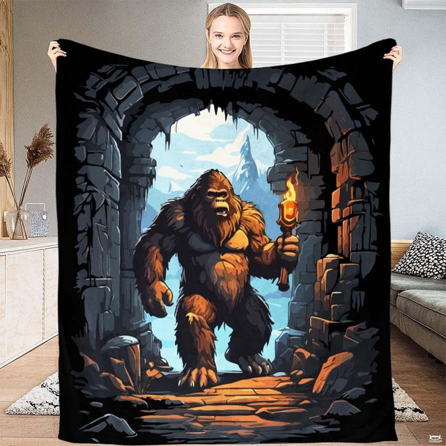 Bigfoot creature carrying a flaming torch through a stone archway on illustrated bedding.