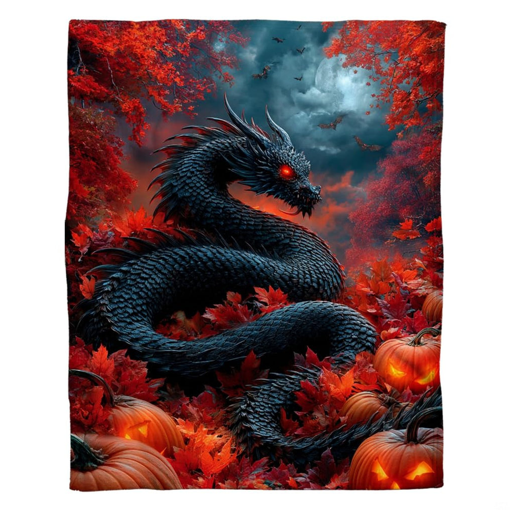 Gothic dragon Halloween throw blanket draped across living room sofa