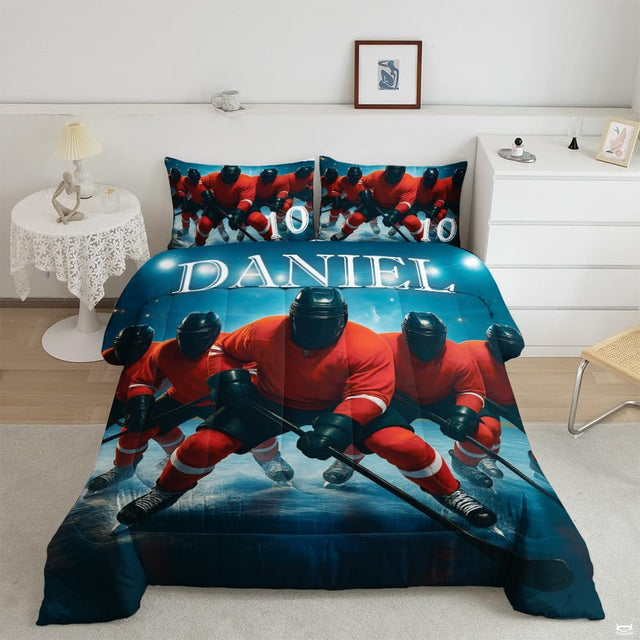 Spruce teal ice hockey goalie player sports bedding set displayed neatly on a bed in a modern youth bedroom