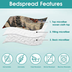 Side angle view of snowman holiday bedding styled with seasonal pine cones and rustic room accents