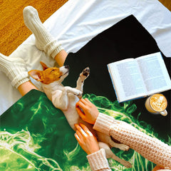Luminous green soccer flame artwork detail on boys sports bedroom bedding centerpiece.