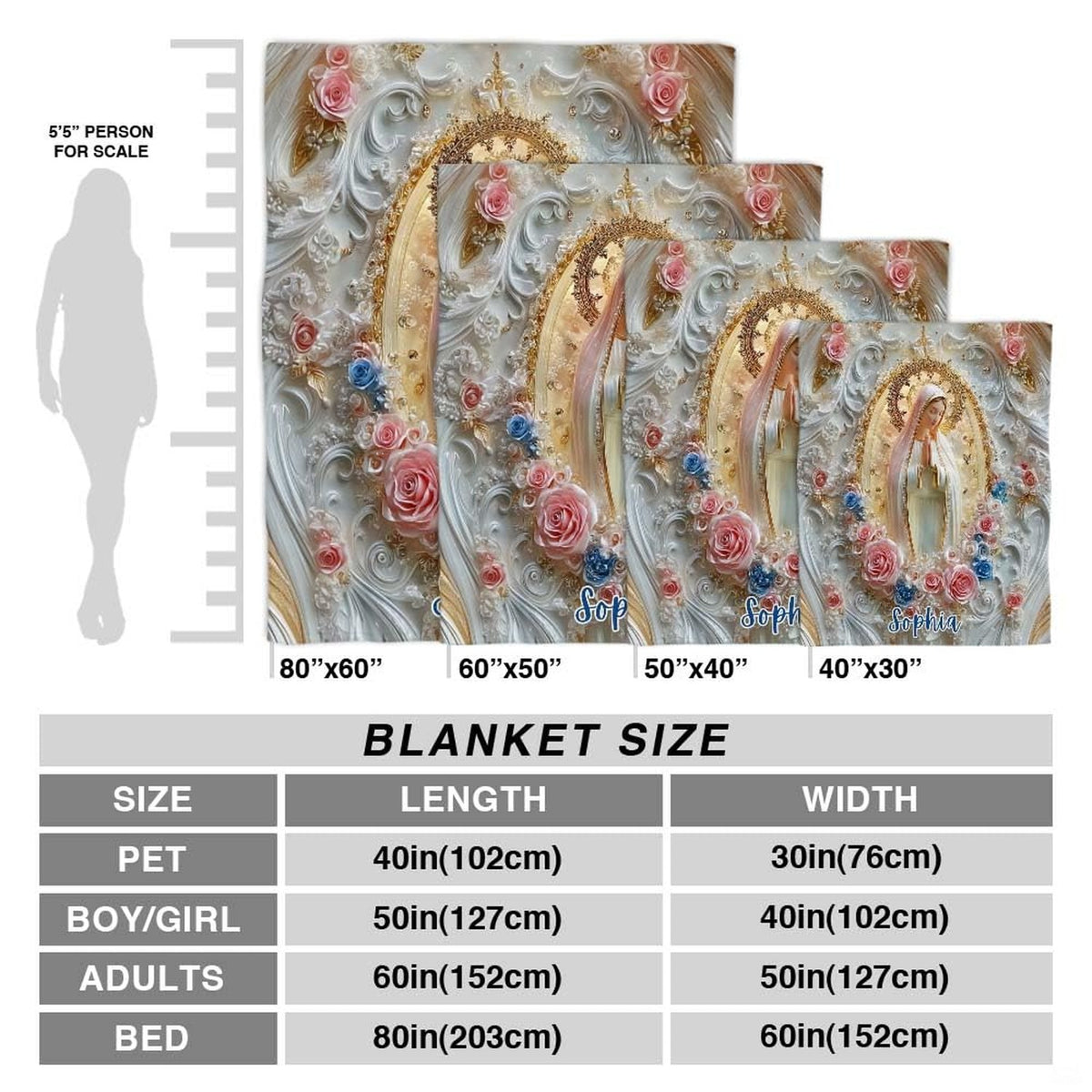 Size proportion chart illustrating available dimensions of the Catholic throw blanket.