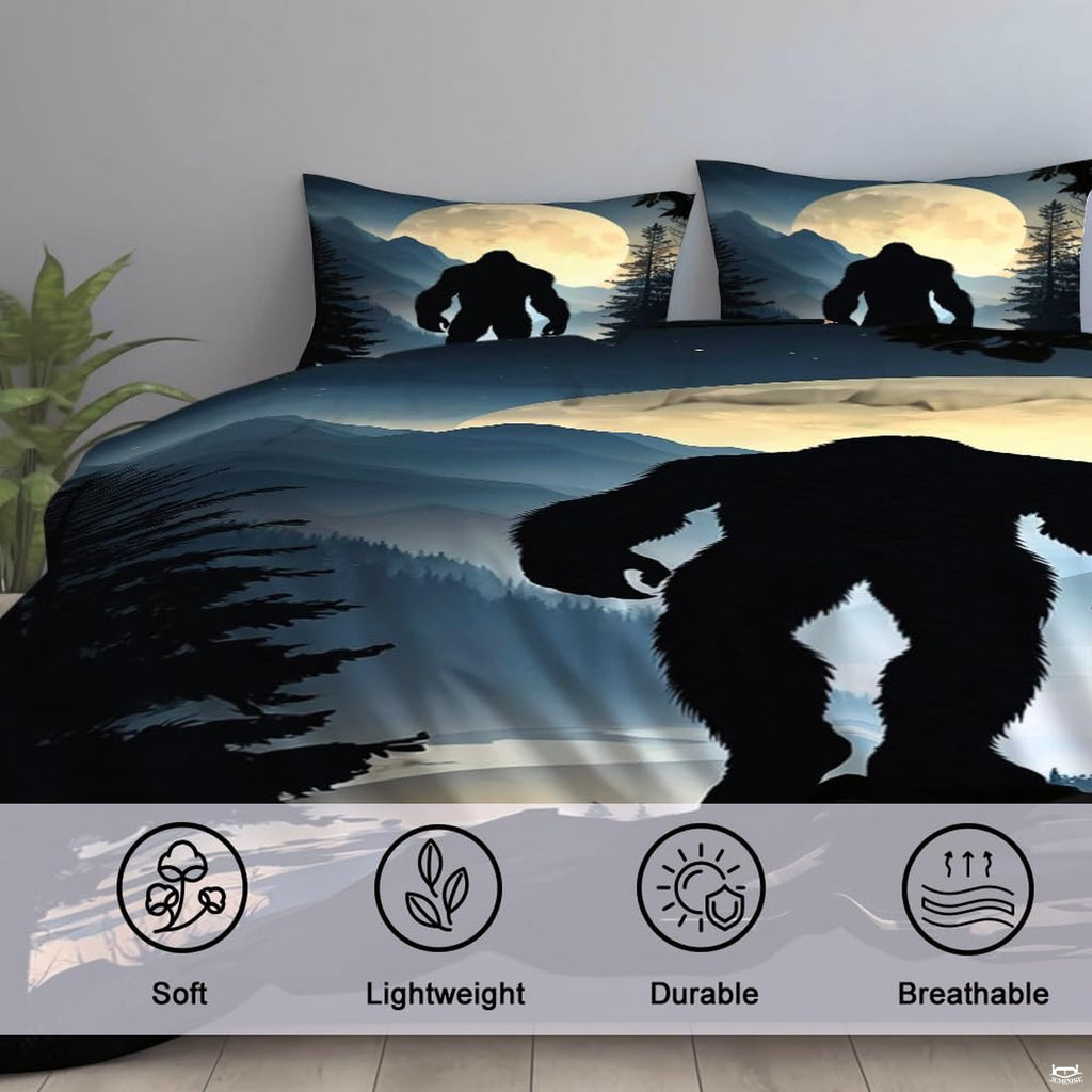 High-angle view of bigfoot graphic bedding showing rich glacial cyan, frost white, and obsidian tones across bed.