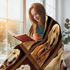 Top-thematic accent view of golden retriever bedding displaying a nine-panel gallery of smiling retriever dogs.