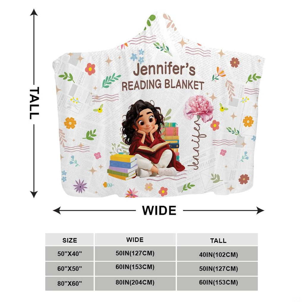 Close-up detail of reading girl, book stacks, and botanical flowers on throw blanket