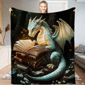 Reading dragon enchanted forest throw blanket showing turquoise dragon reading illuminated book
