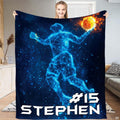 Futuristic neon basketball bedding showing glowing player graphics and fiery embers on a cosmic blue backdrop.