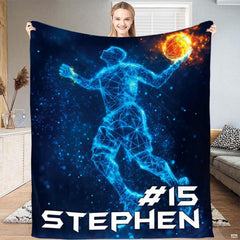 Futuristic neon basketball bedding showing glowing player graphics and fiery embers on a cosmic blue backdrop.