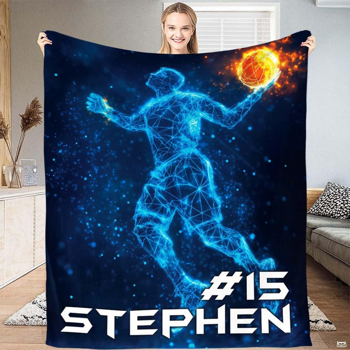 Futuristic neon basketball bedding showing glowing player graphics and fiery embers on a cosmic blue backdrop.