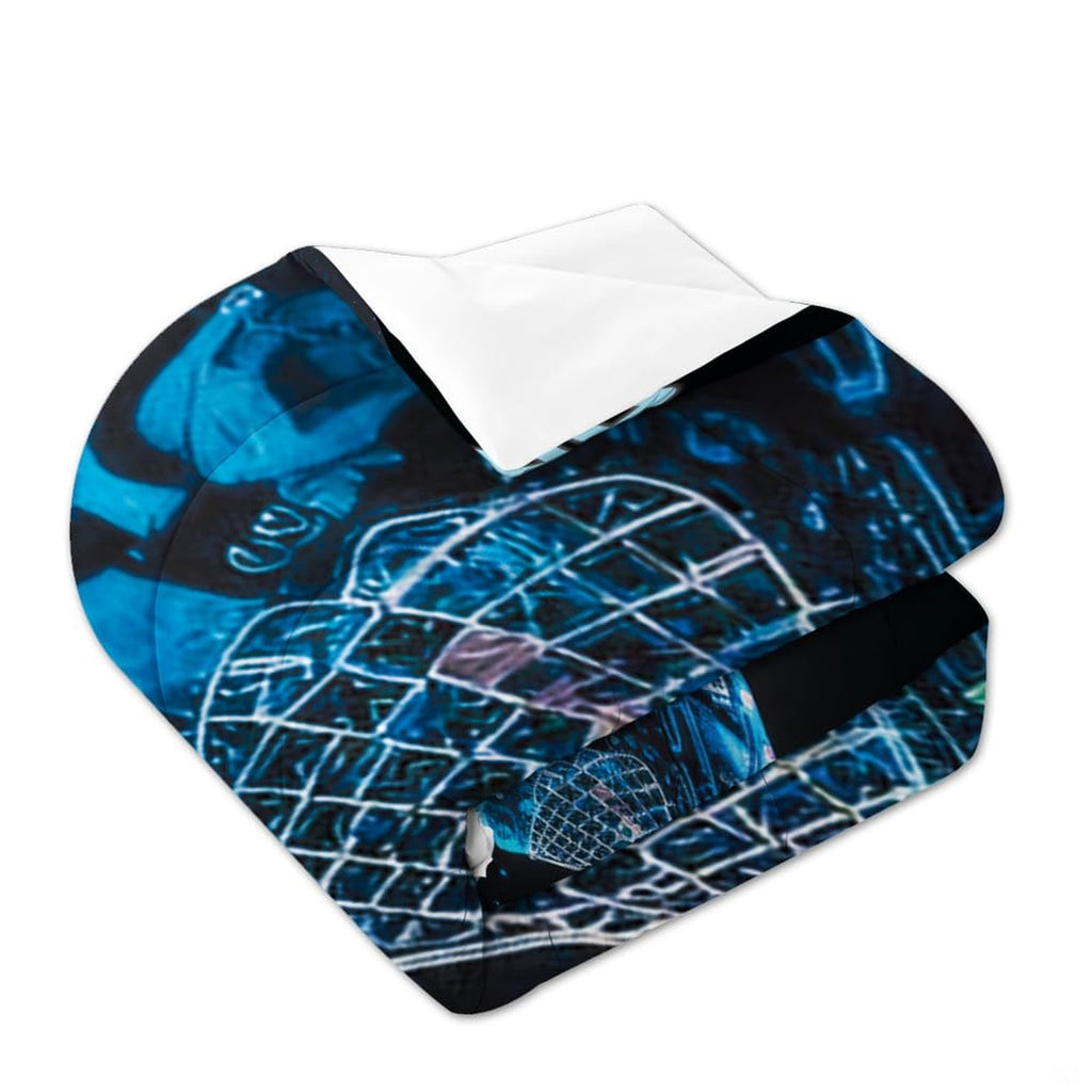 Matching pillowcase detail for hockey bedding set showing coordinating sticks, pucks, and goalie helmet art