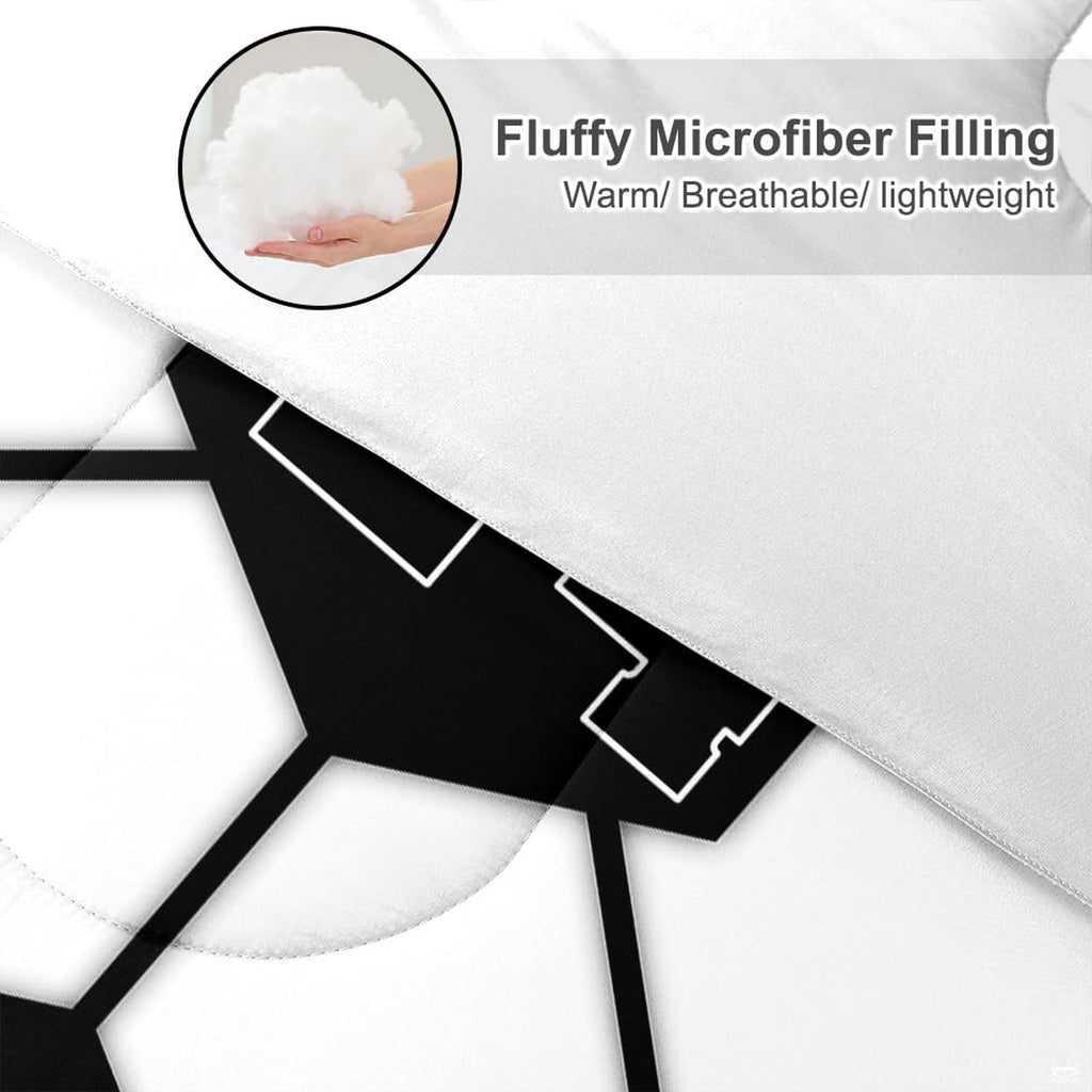Corner fold view of geometric soccer bedding highlighting sharp monochrome graphic printing