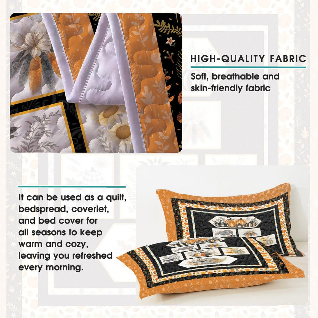 Charcoal gray and cream decorative borders framing rustic fall pumpkin bedding artwork.