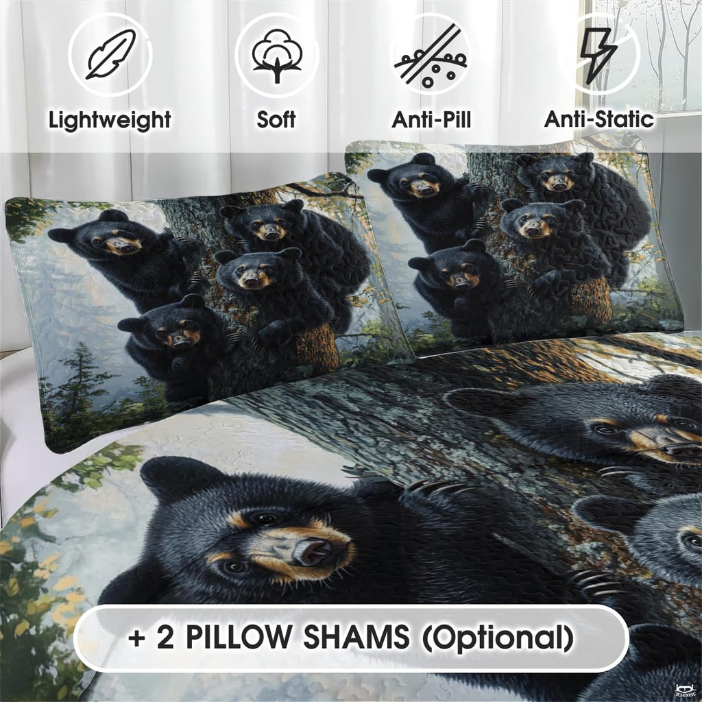 Wildlife motif bedding display in rustic mountain cabin bedroom setting.