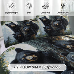 Wildlife motif bedding display in rustic mountain cabin bedroom setting.