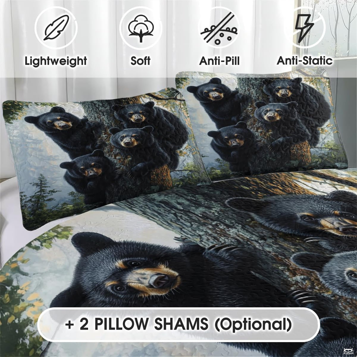 Wildlife motif bedding display in rustic mountain cabin bedroom setting.