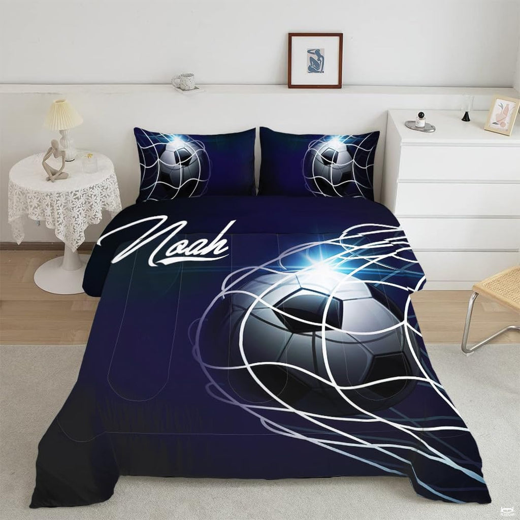 Midnight glow soccer bedding featuring a soccer ball in a goal net with cyan flare on deep navy backdrop