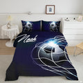 Midnight glow soccer bedding featuring a soccer ball in a goal net with cyan flare on deep navy backdrop