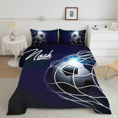 Midnight glow soccer bedding featuring a soccer ball in a goal net with cyan flare on deep navy backdrop
