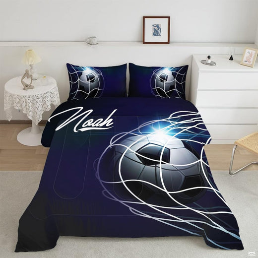 Midnight glow soccer bedding featuring a soccer ball in a goal net with cyan flare on deep navy backdrop