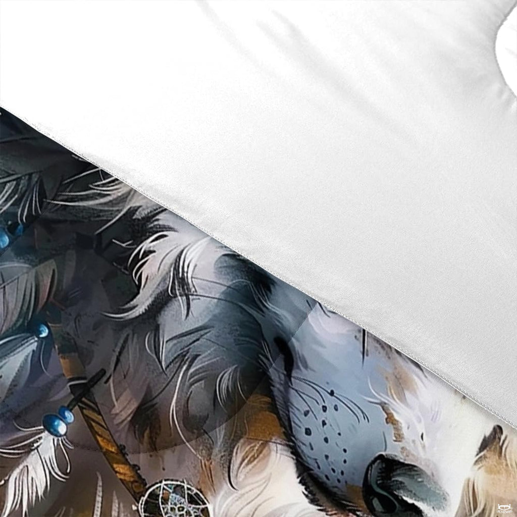 Detail of wolf muzzle, blue beads, feather forms, web-like charm, and white reverse
