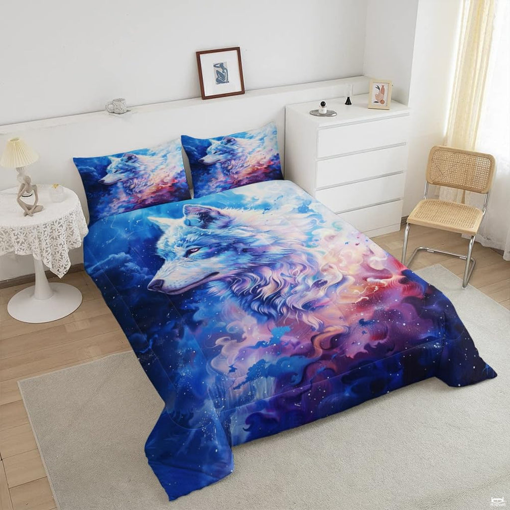 Angled view of colorful cosmic wolf artwork in blue, purple, and pink