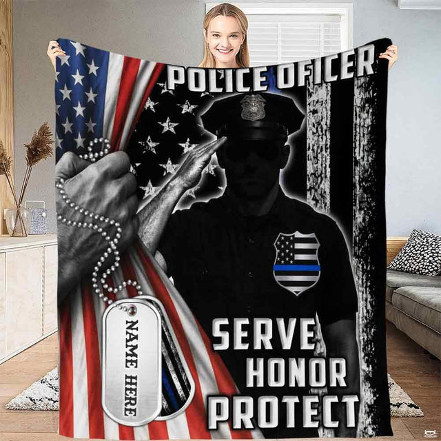 thematic accent tribute bedding set featuring a saluting officer and thin blue line flag artwork.