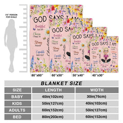 Visual size comparison chart for the floral affirmation throw blanket against a human silhouette