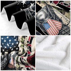 Folded presentation of the patriotic military throw blanket resting neatly on an armchair.