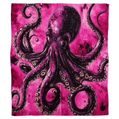 Flat front display of cosmic pink watercolor octopus artwork on black and magenta.