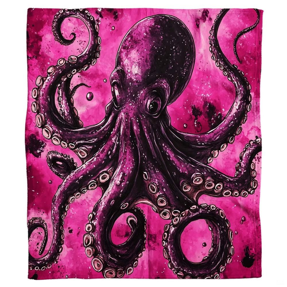 Flat front display of cosmic pink watercolor octopus artwork on black and magenta.