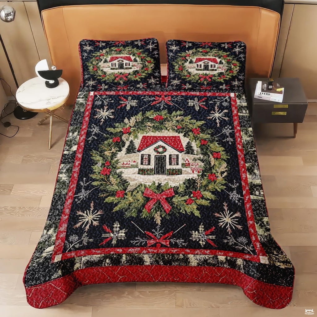 Bedroom display featuring a winter cottage bedding set with Christmas wreath decor and rustic holiday styling.
