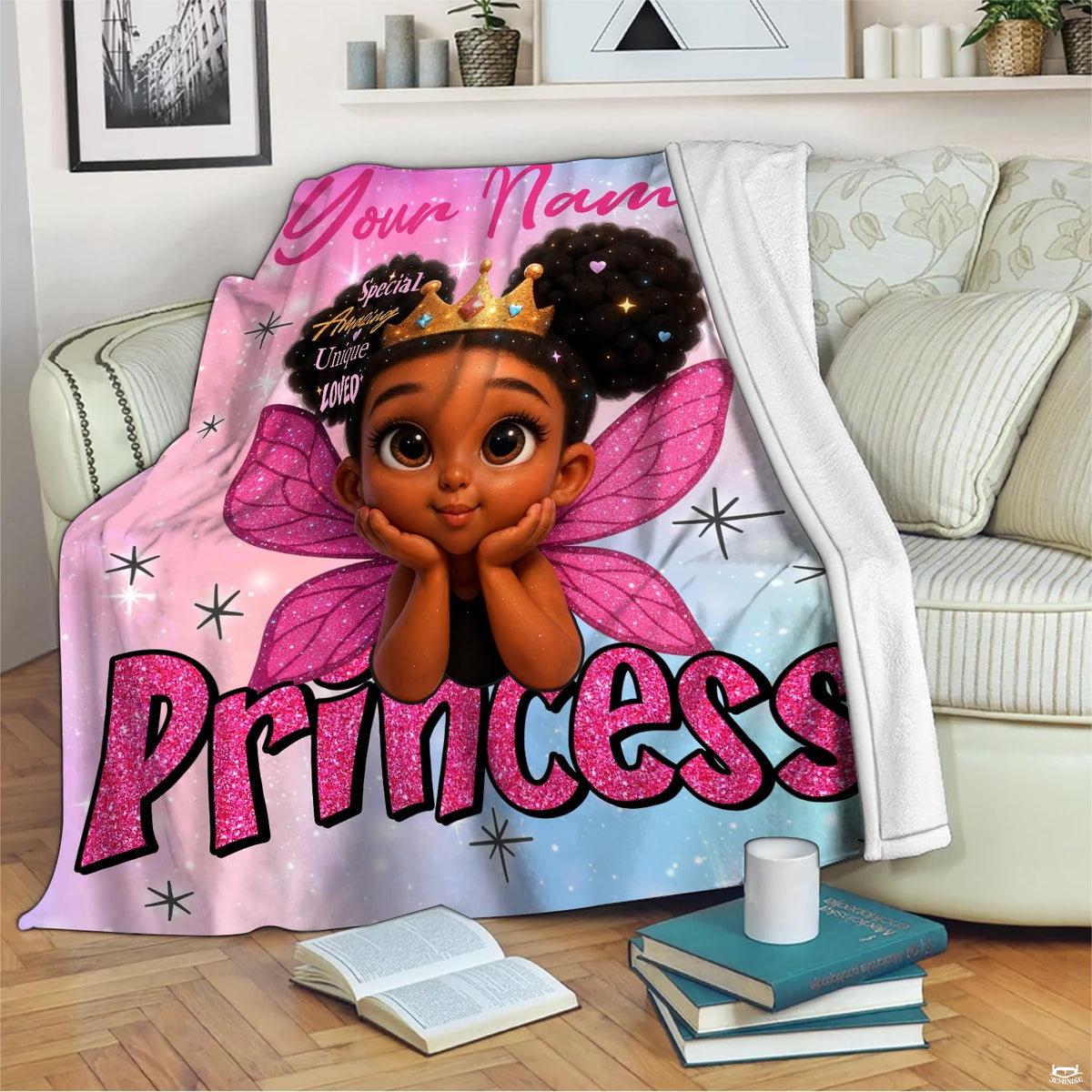 thematic accent overhead view of enchanting fairy thematic accent bedding set in bright pastel shades.