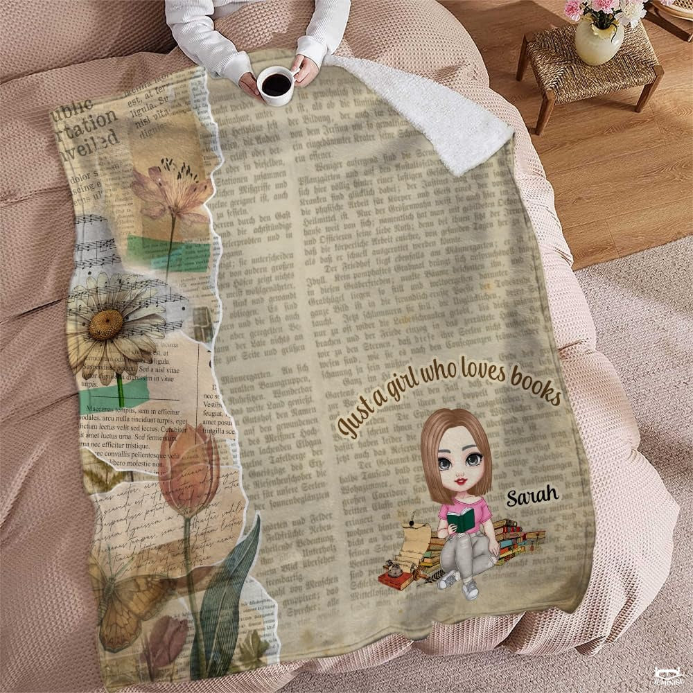 Personalized Vintage Reading Girl with Flowers Throw Blanket - Book