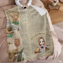Personalized Vintage Reading Girl with Flowers Throw Blanket - Book