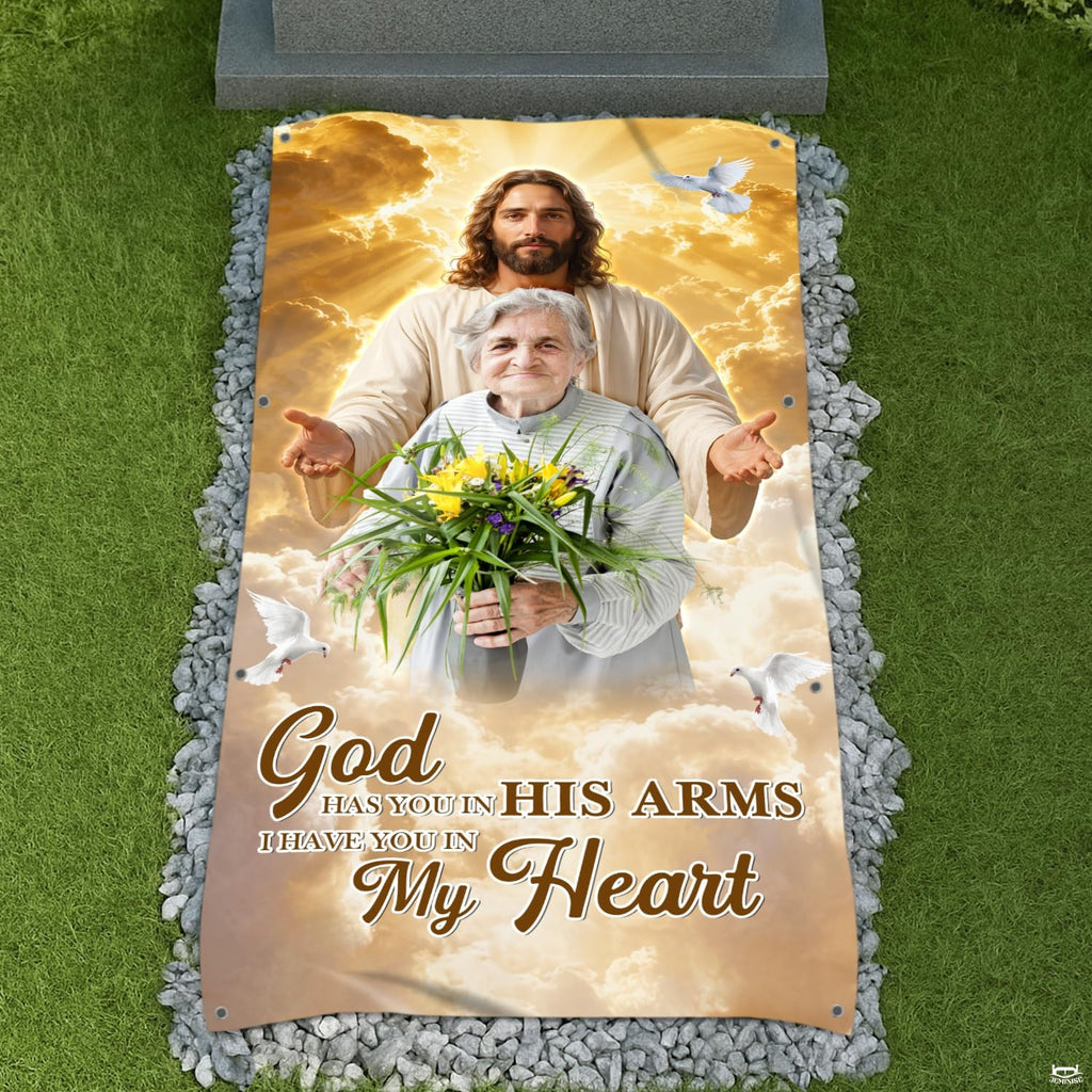 Religious remembrance throw blanket folded neatly on an indoor armchair