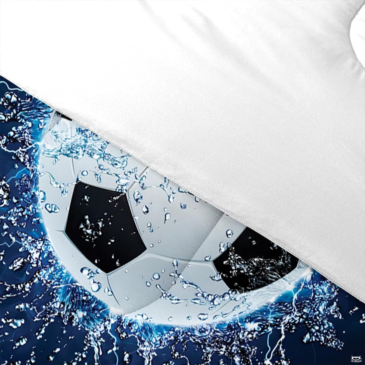 Side angle view of steel blue soccer bedding styled with athletic room accents and furniture
